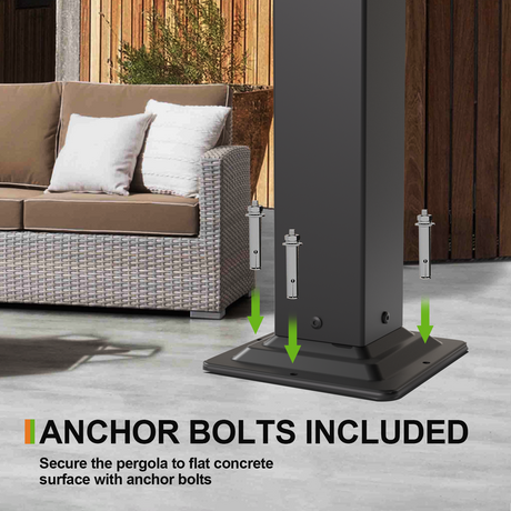 Patioslife Atlantic pergola anchor bolts included for securing the aluminium frame to a flat concrete patio or deck surface
