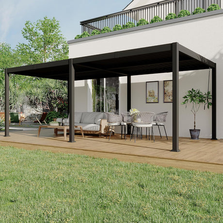 Patioslife Atlantic 3x6m louvered pergola with adjustable roof and aluminium frame, creating a modern patio shelter beside a house