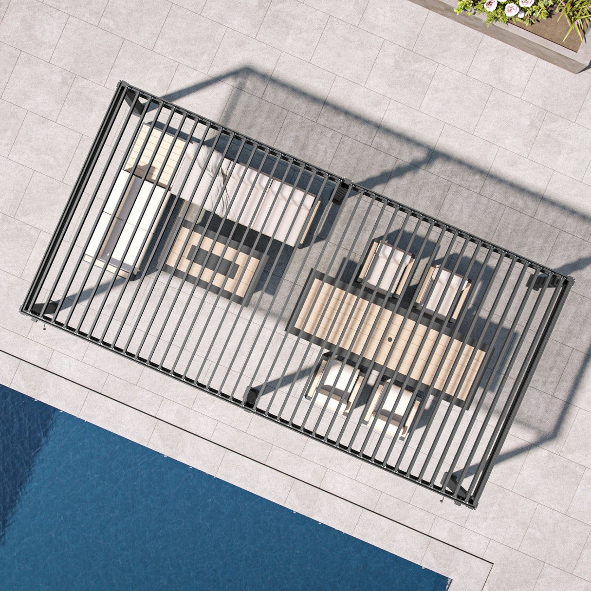 Top view of Patioslife Atlantic 3x6m louvered pergola with adjustable roof over outdoor sofa and dining furniture