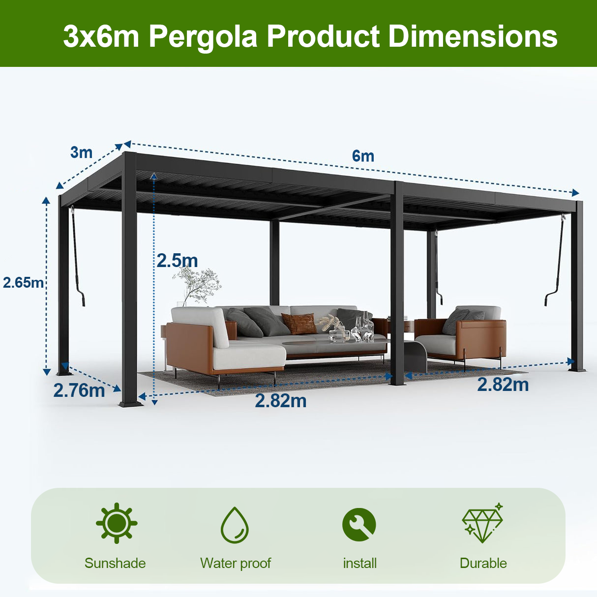 Patioslife Atlantic 3x6m pergola dimensions with overall size, height and inner clearance for outdoor living spaces