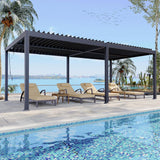 Patioslife Atlantic 3x6m louvered pergola with aluminium frame beside a pool, featuring adjustable louvers and luxury outdoor loungers