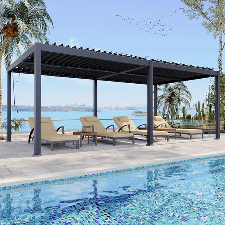 Patioslife Atlantic 3x6m louvered pergola with aluminium frame beside a pool, featuring adjustable louvers and luxury outdoor loungers