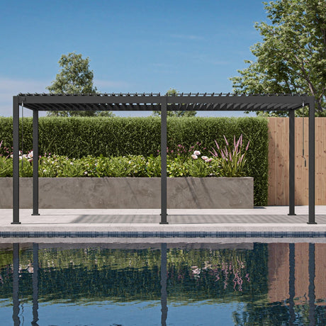 Patioslife Atlantic 3x6m outdoor pergola with adjustable louvers and sturdy aluminium frame, shown in a side view by the pool
