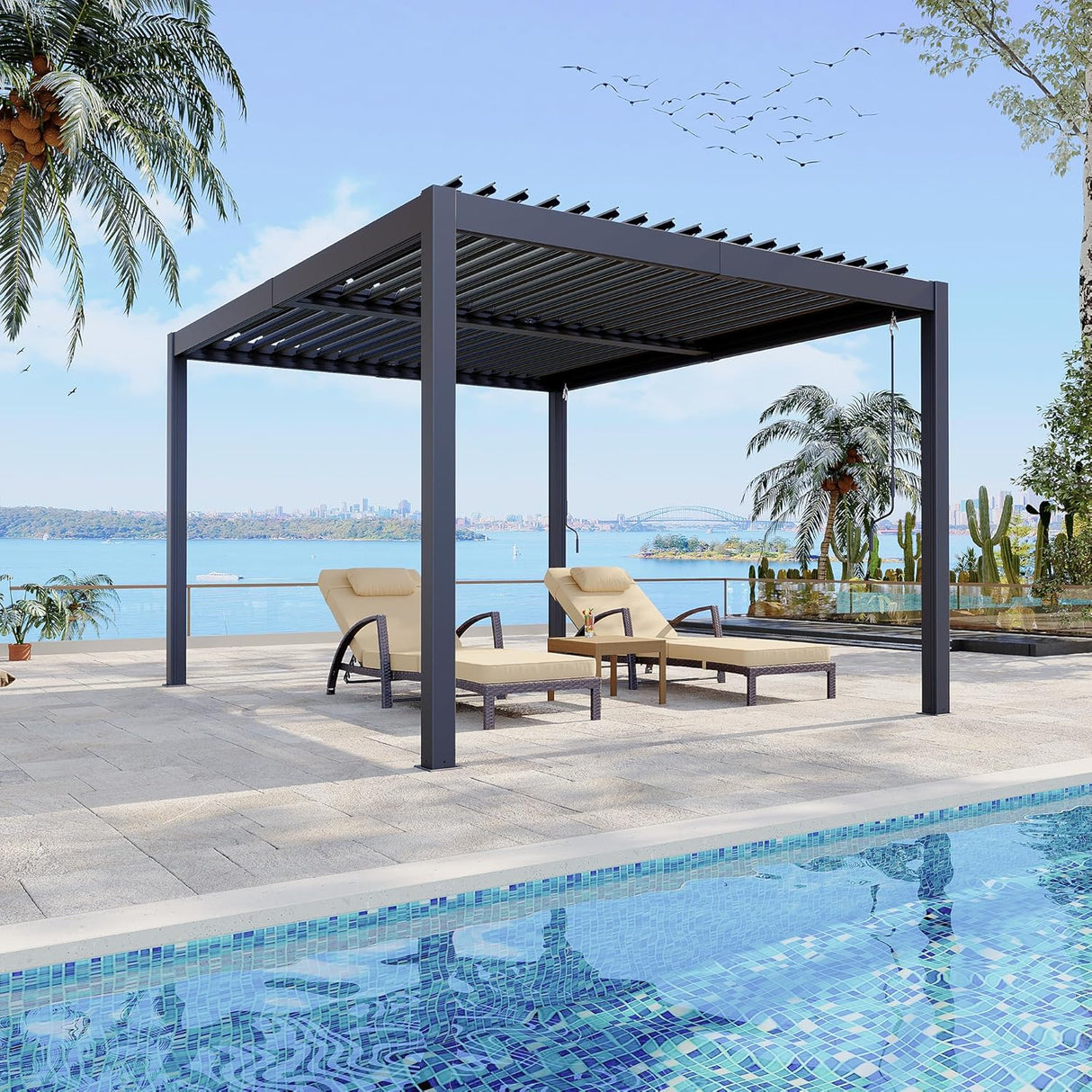 Patioslife Atlantic 3x3m louvered pergola with aluminium frame and adjustable roof beside a pool for modern outdoor shade and patio living
