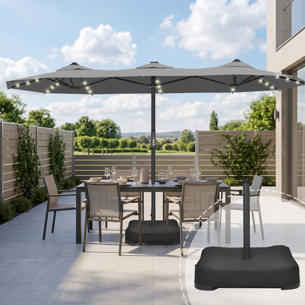 Patioslife Aegis Premium 2.7x4.6m Motorized Garden Parasol — Double-Sided, Remote Control, UPF 50+, Solar LED Lights & Windproof Frame
