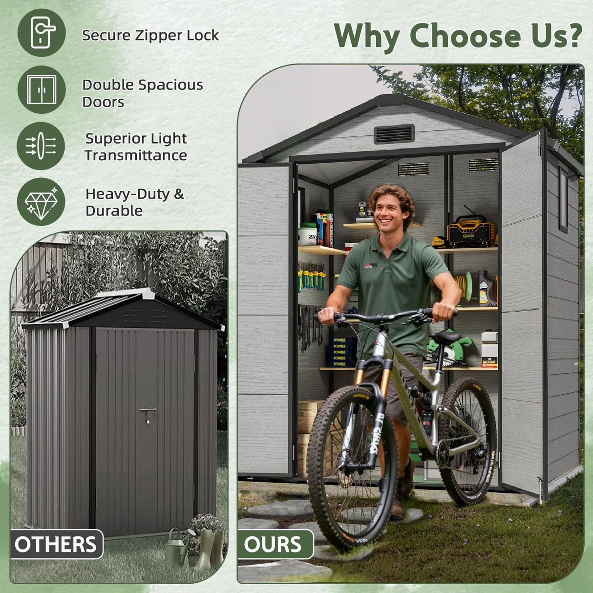 Patioslife grey outdoor storage shed with double doors for bicycle and garden equipment storage