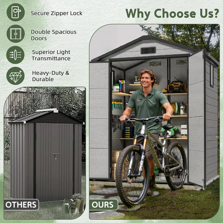 Patioslife grey outdoor storage shed with double doors for bicycle and garden equipment storage