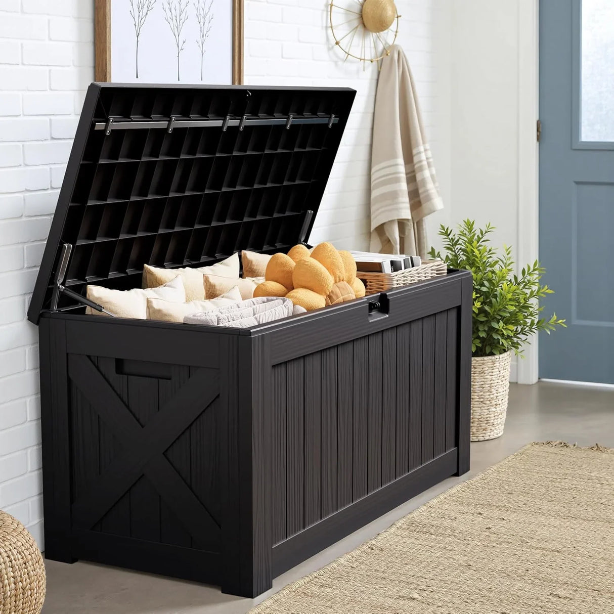Patioslife black garden storage box with open lid for cushions blankets and indoor patio storage