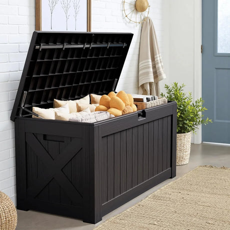 Patioslife black garden storage box with open lid for cushions blankets and indoor patio storage