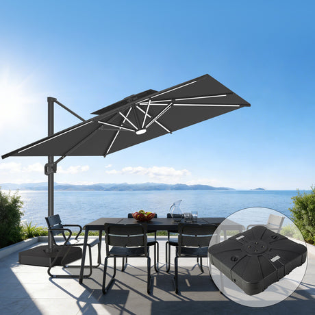 Patioslife black cantilever patio umbrella with weighted base over ocean view dining set