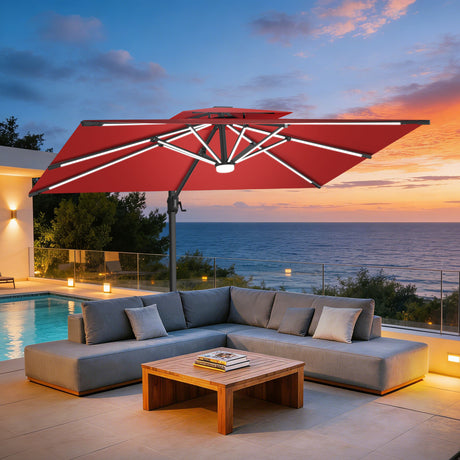 Patioslife burgundy cantilever patio umbrella with LED lights over poolside sofa at sunset