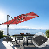 Patioslife burgundy cantilever patio umbrella with weighted base over ocean view dining set