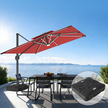 Patioslife burgundy cantilever patio umbrella with weighted base over ocean view dining set