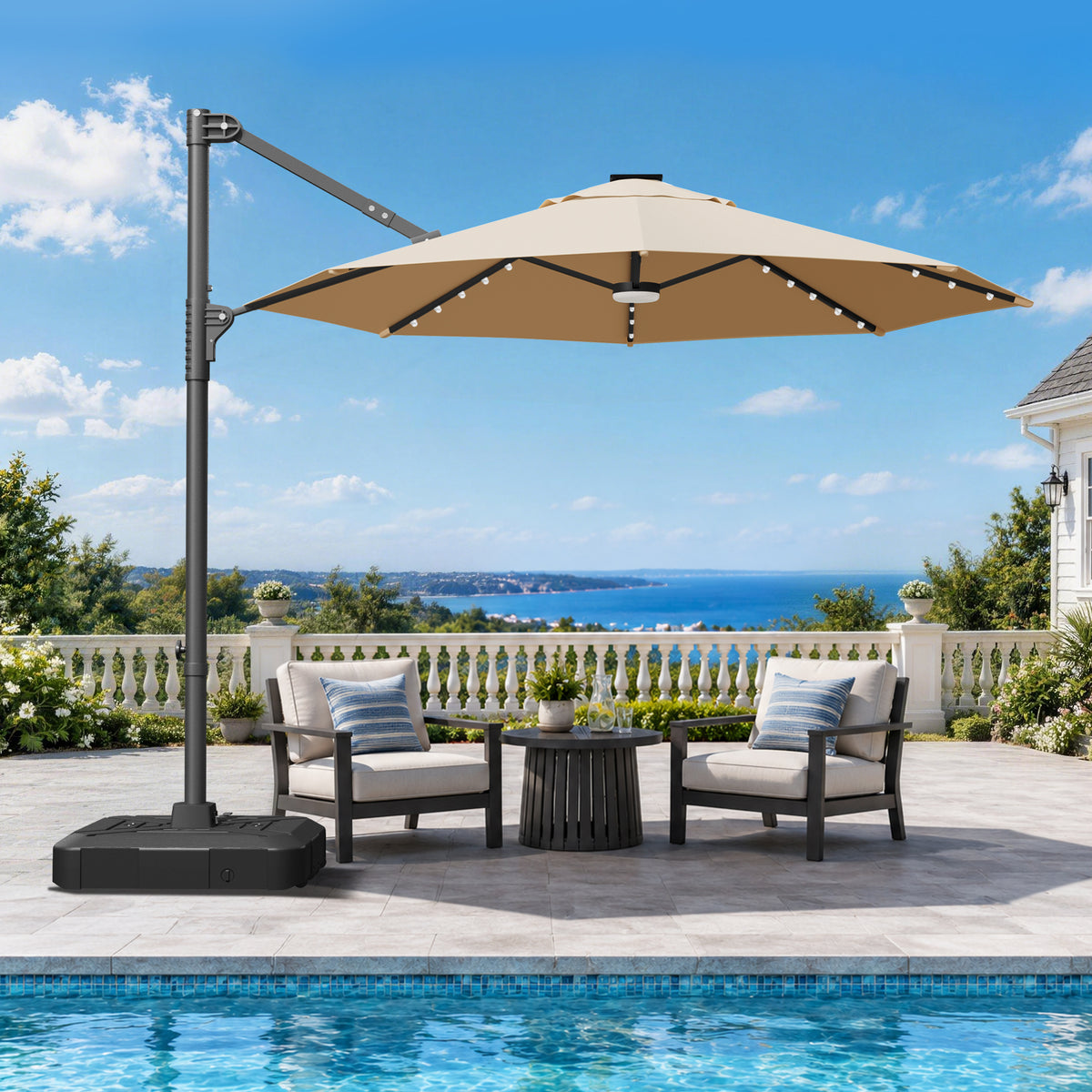 Patioslife Aegis Pro Round Cantilever Patio Umbrella with Solar LED Lights & Shade Protection