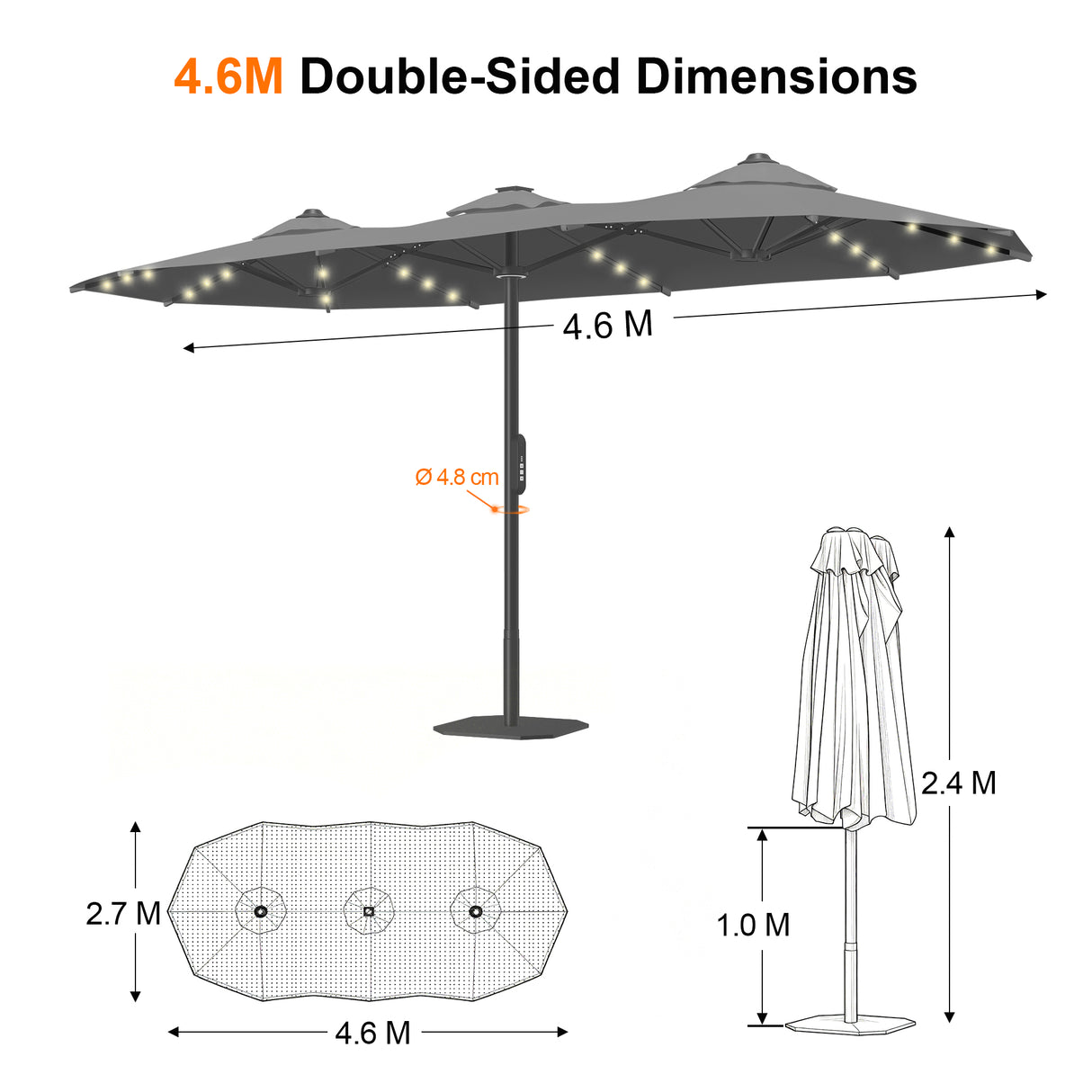 Patioslife Aegis Premium 2.7x4.6m Motorized Garden Parasol — Double-Sided, Remote Control, UPF 50+, Solar LED Lights & Windproof Frame