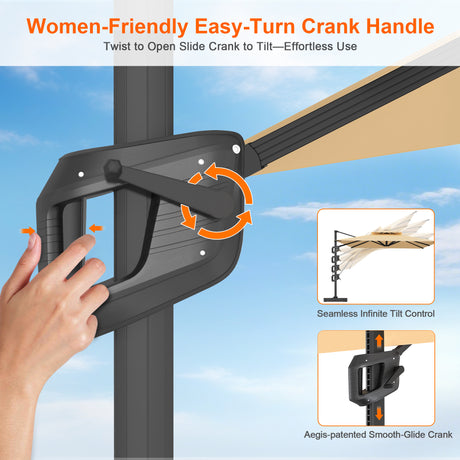 Patioslife cantilever parasol easy turn crank handle for opening closing and tilt control