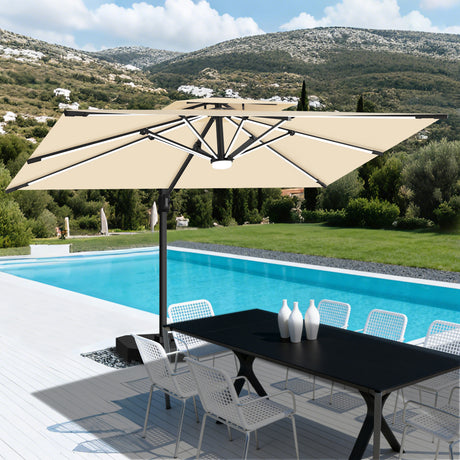 Patioslife cream cantilever parasol with LED lights over poolside dining set and garden view
