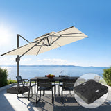 Patioslife cream cantilever parasol with weighted base shading outdoor dining set by sea view