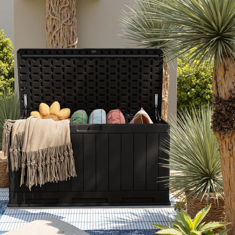 Patioslife black garden cushion storage box with open lid for blankets pillows and outdoor furniture accessories