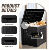 Outdoor deck box product details showing side handle, waterproof resin panels, lockable lid and hydraulic hinge for patio furniture cushions and garden storage