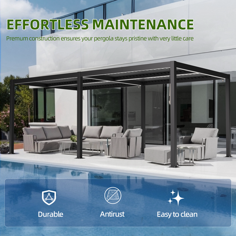 Patioslife Atlantic louvered pergola with low maintenance aluminium construction, antirust frame and easy clean outdoor patio design
