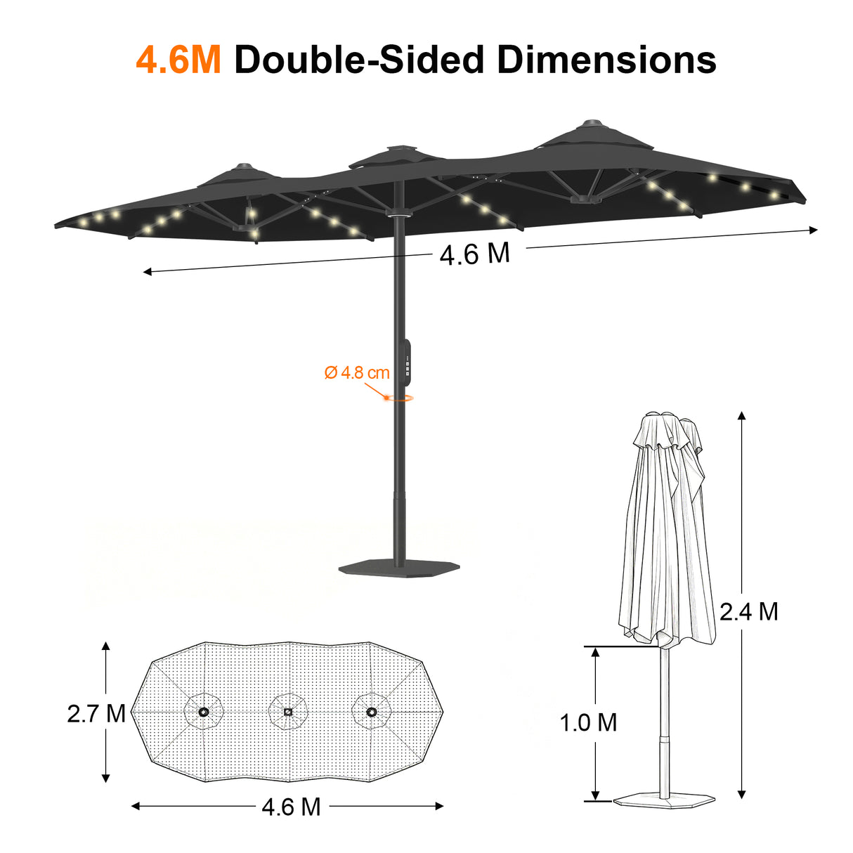 Patioslife Aegis Premium 2.7x4.6m Motorized Garden Parasol — Double-Sided, Remote Control, UPF 50+, Solar LED Lights & Windproof Frame