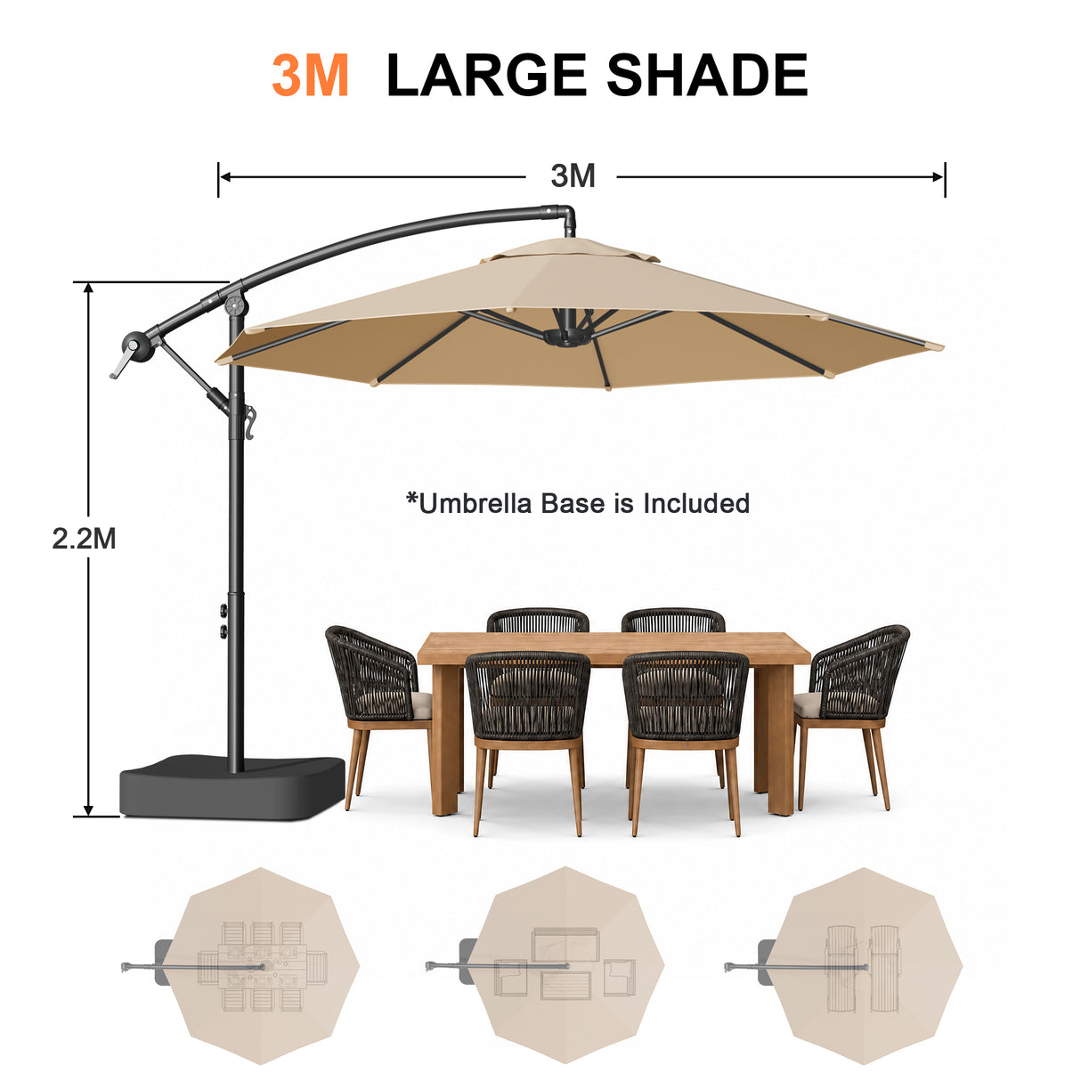 Patioslife Heavy Duty 3M Cantilever Parasol with Base – Premium Outdoor Shade for Patio, Garden & Backyard Living