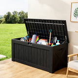Patioslife black patio storage box with open lid for garden tools cleaning supplies and outdoor items