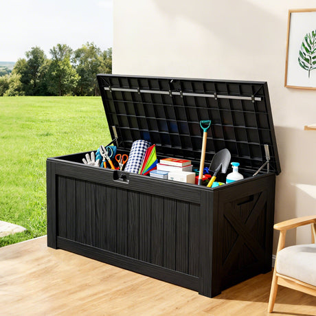 Patioslife black patio storage box with open lid for garden tools cleaning supplies and outdoor items