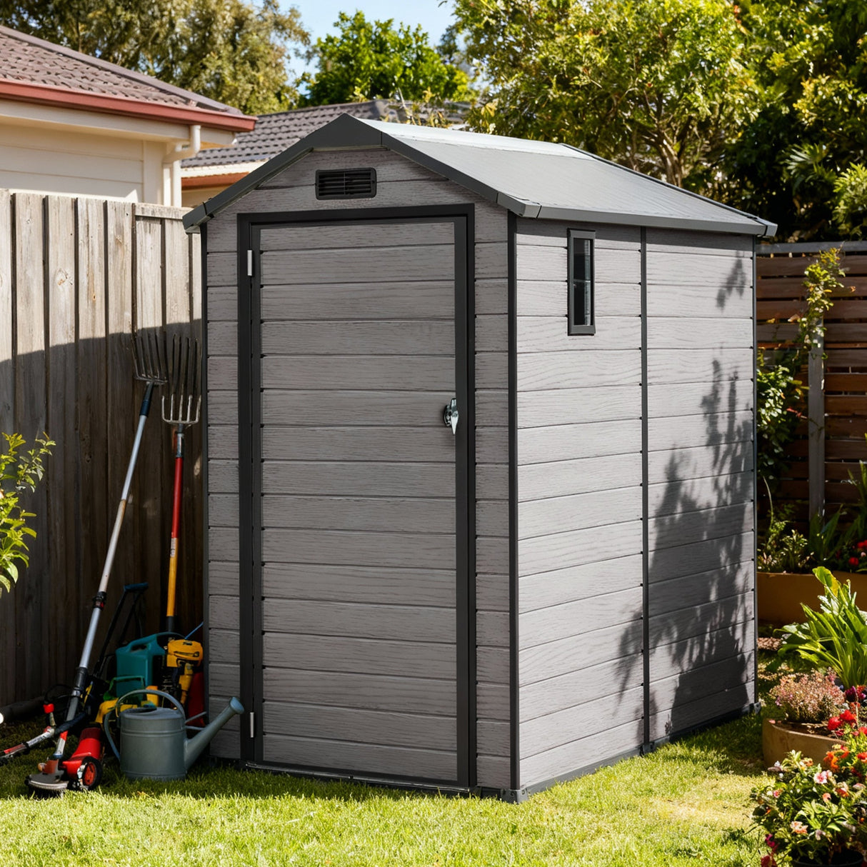 Patioslife grey garden shed for outdoor tool storage with lockable door in backyard