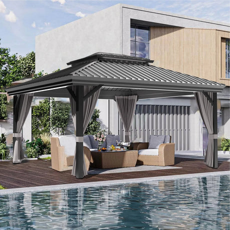 Patioslife 3.0 x 3.65m grey hardtop gazebo with premium aluminum frame, curtains and outdoor seating by pool