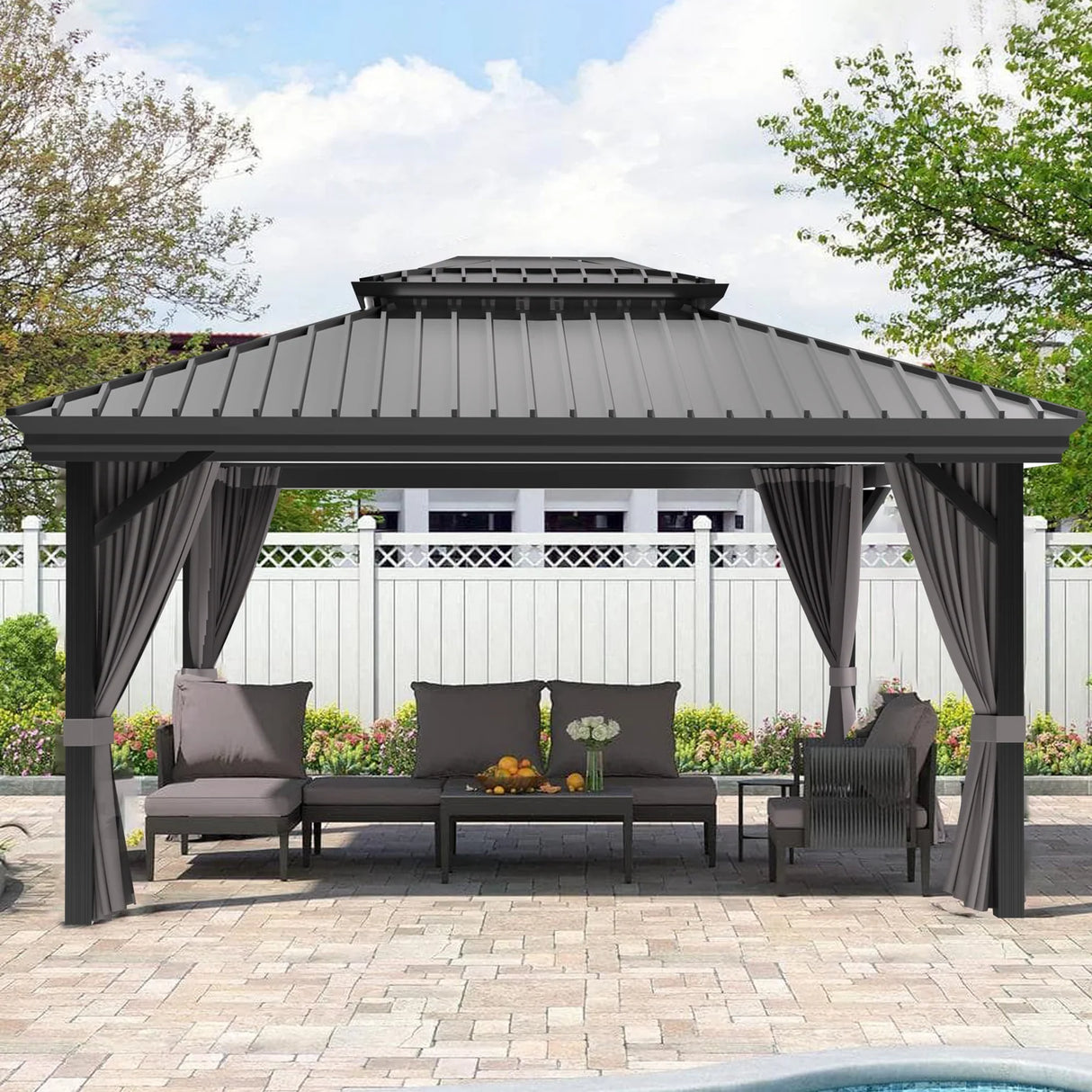 Patioslife 3.65 x 4.8m grey hardtop gazebo with double roof, curtains and outdoor seating for garden patio shade
