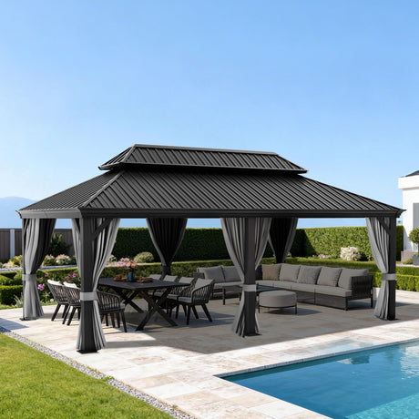 Patioslife 3.65x6.1m grey hardtop gazebo with curtains over outdoor dining set and sofa by pool