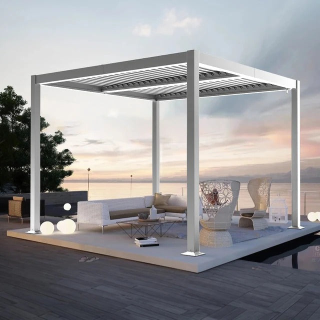 Patioslife Atlantic™，Louvered Pergola，Aluminium Frame，Adjustable Roof，Built-In LED Lights，Freestanding Design，All-Weather Shelter，Deck Pergola，Patio Pavilion，Poolside Shade，Outdoor Entertaining，Weatherproof，Sunshade & Rain Protection，Modern Outdoor Furniture，Luxury Patio Structure，Contemporary Design，Premium Outdoor Living,white