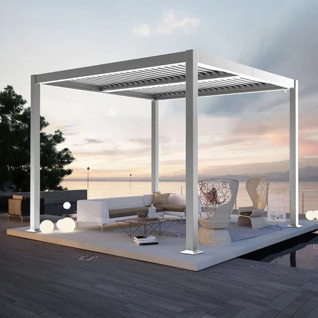 Patioslife Atlantic™，Louvered Pergola，Aluminium Frame，Adjustable Roof，Built-In LED Lights，Freestanding Design，All-Weather Shelter，Deck Pergola，Patio Pavilion，Poolside Shade，Outdoor Entertaining，Weatherproof，Sunshade & Rain Protection，Modern Outdoor Furniture，Luxury Patio Structure，Contemporary Design，Premium Outdoor Living,white