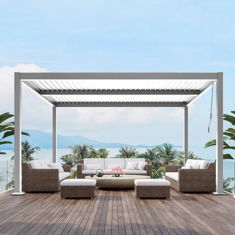 Patioslife Atlantic™，Louvered Pergola，Aluminium Frame，Adjustable Roof，Built-In LED Lights，Freestanding Design，All-Weather Shelter，Deck Pergola，Patio Pavilion，Poolside Shade，Outdoor Entertaining，Weatherproof，Sunshade & Rain Protection，Modern Outdoor Furniture，Luxury Patio Structure，Contemporary Design，Premium Outdoor Living,white