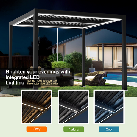 Patioslife Atlantic louvered pergola with integrated LED lighting and three adjustable light modes for cozy evening outdoor living
