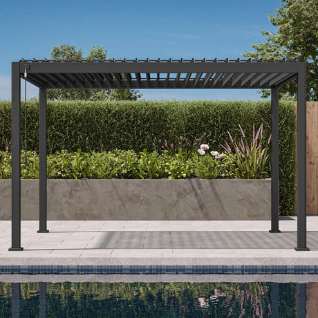 Patioslife Atlantic 3x3m modern louvered pergola beside a pool with adjustable roof slats for garden, deck and patio shade

