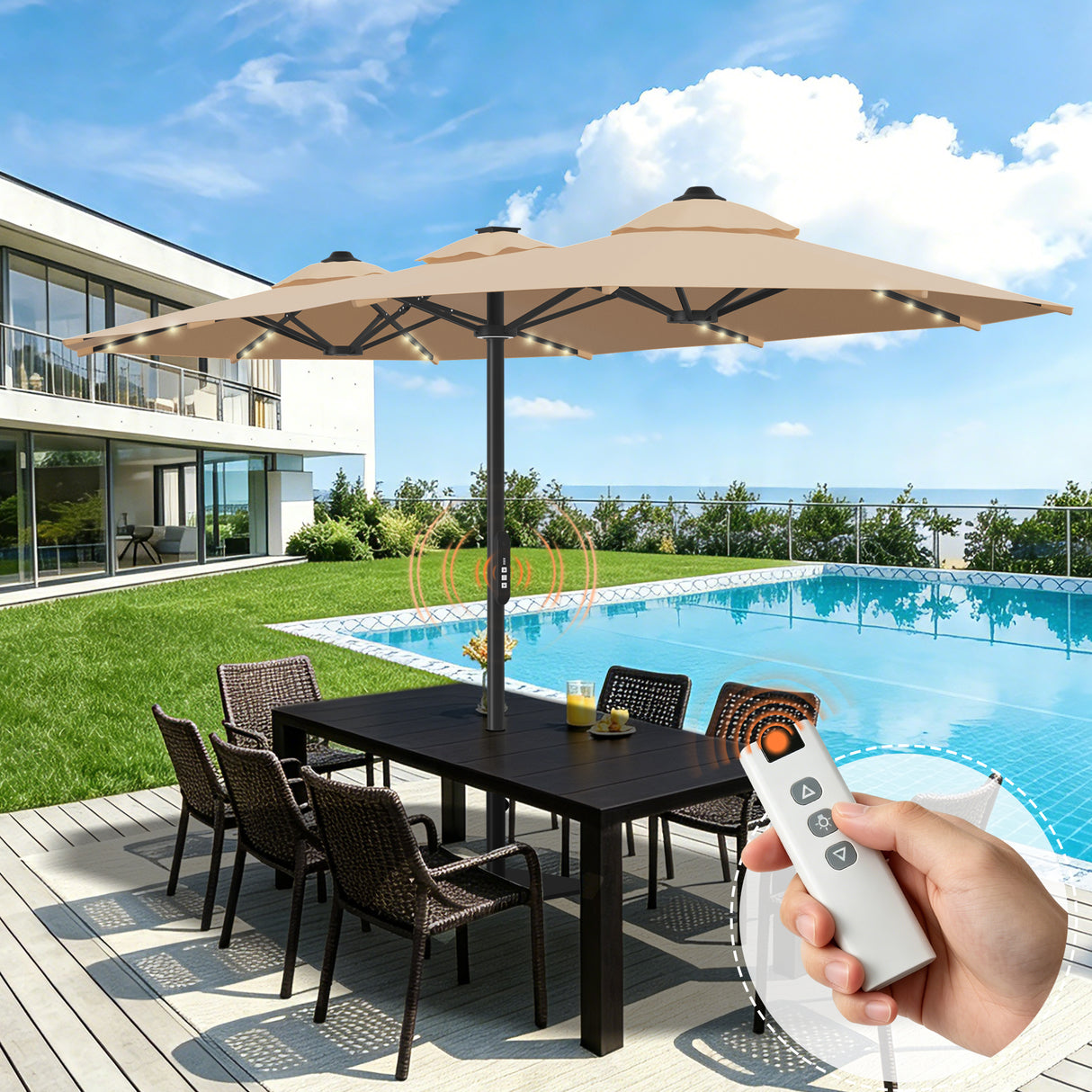 Patioslife Aegis Premium motorized double-sided patio umbrella with remote control, solar LED lights and large poolside shade coverage