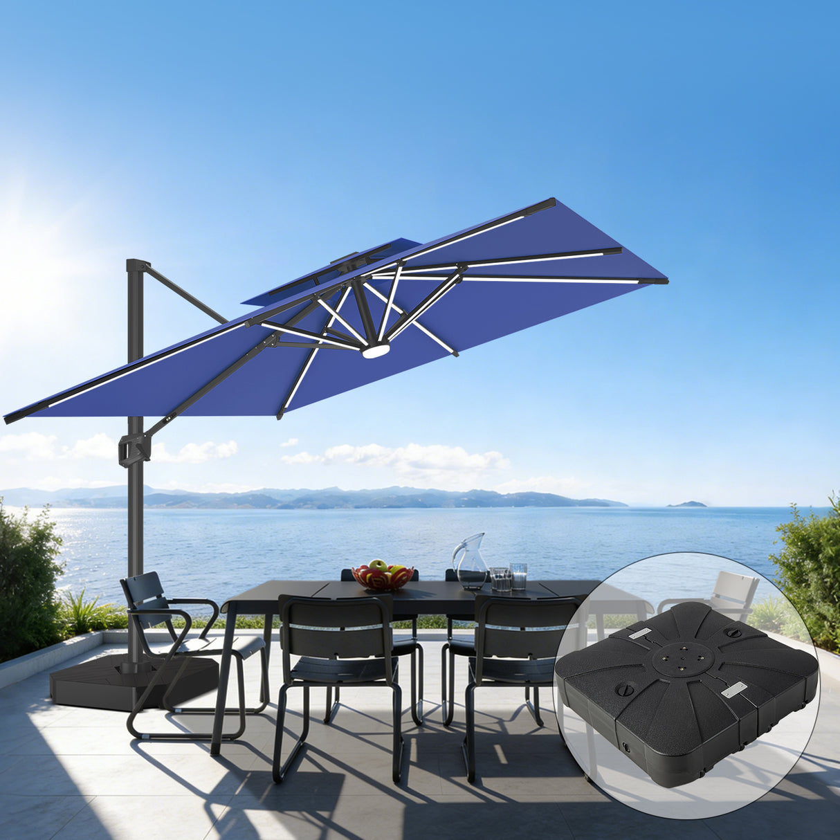 Patioslife navy blue cantilever patio umbrella with weighted base over ocean view dining set