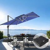 Patioslife navy blue cantilever patio umbrella with weighted base over ocean view dining set