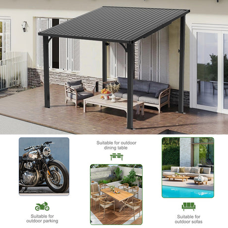 Patioslife Haven wall-mounted hardtop gazebo for outdoor dining, sofa seating, patio shade and motorcycle parking