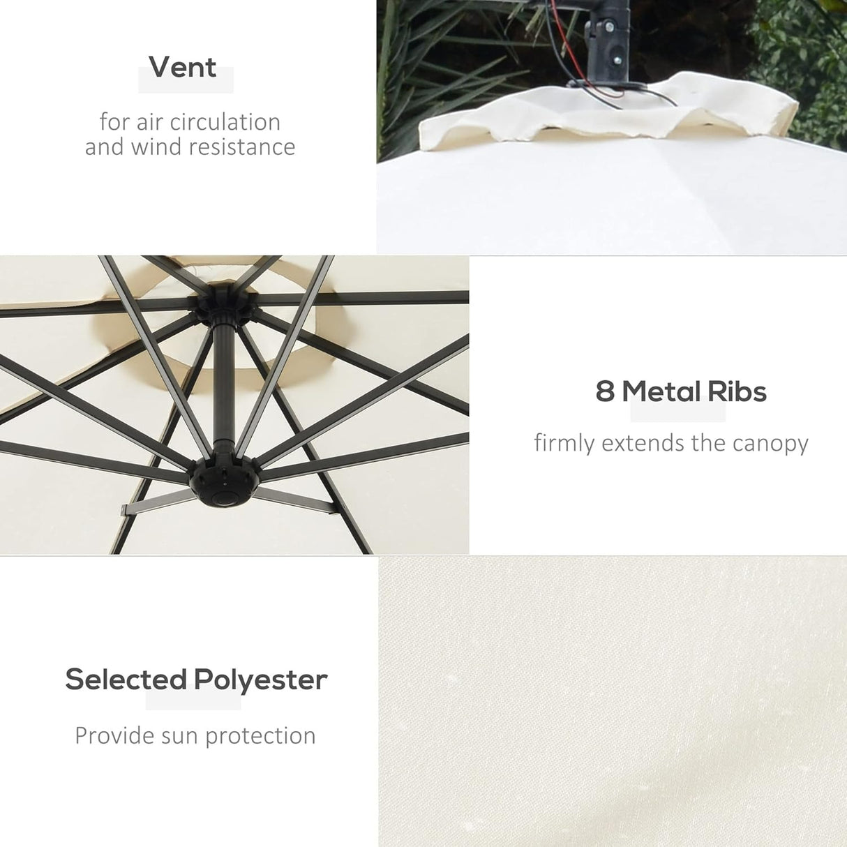 Patioslife cream cantilever parasol with air vent metal ribs and polyester canopy for garden shade
