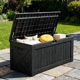 Patioslife black outdoor storage box with open lid for patio cushions pillows and books in garden