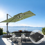 Patioslife sage green cantilever parasol with weighted base over outdoor dining set and sea view