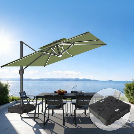 Patioslife sage green cantilever parasol with weighted base over outdoor dining set and sea view