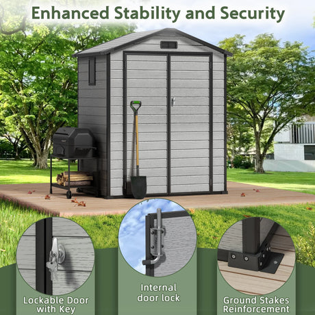 Patioslife grey garden shed with lockable doors and ground stakes for secure outdoor storage