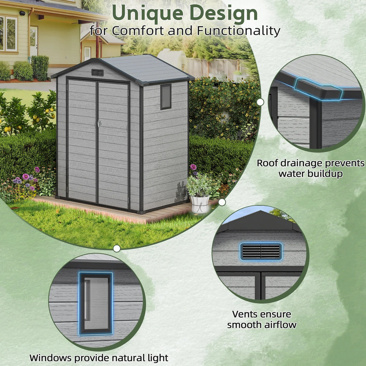 Patioslife grey garden shed with roof drainage vents and window for practical outdoor storage
