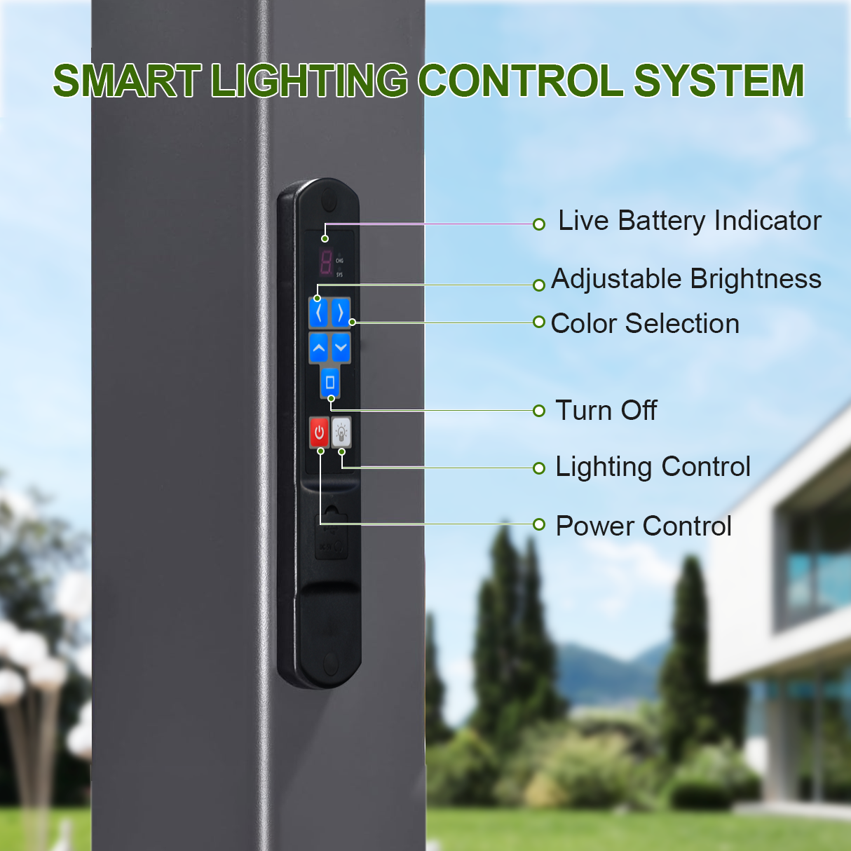 Patioslife Atlantic 3x4m pergola smart lighting control system with battery indicator, brightness adjustment and colour selection for outdoor LED lighting