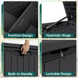 Outdoor deck box close up with partition design, hydraulic hinge, built in handle and lockable design for secure outdoor storage